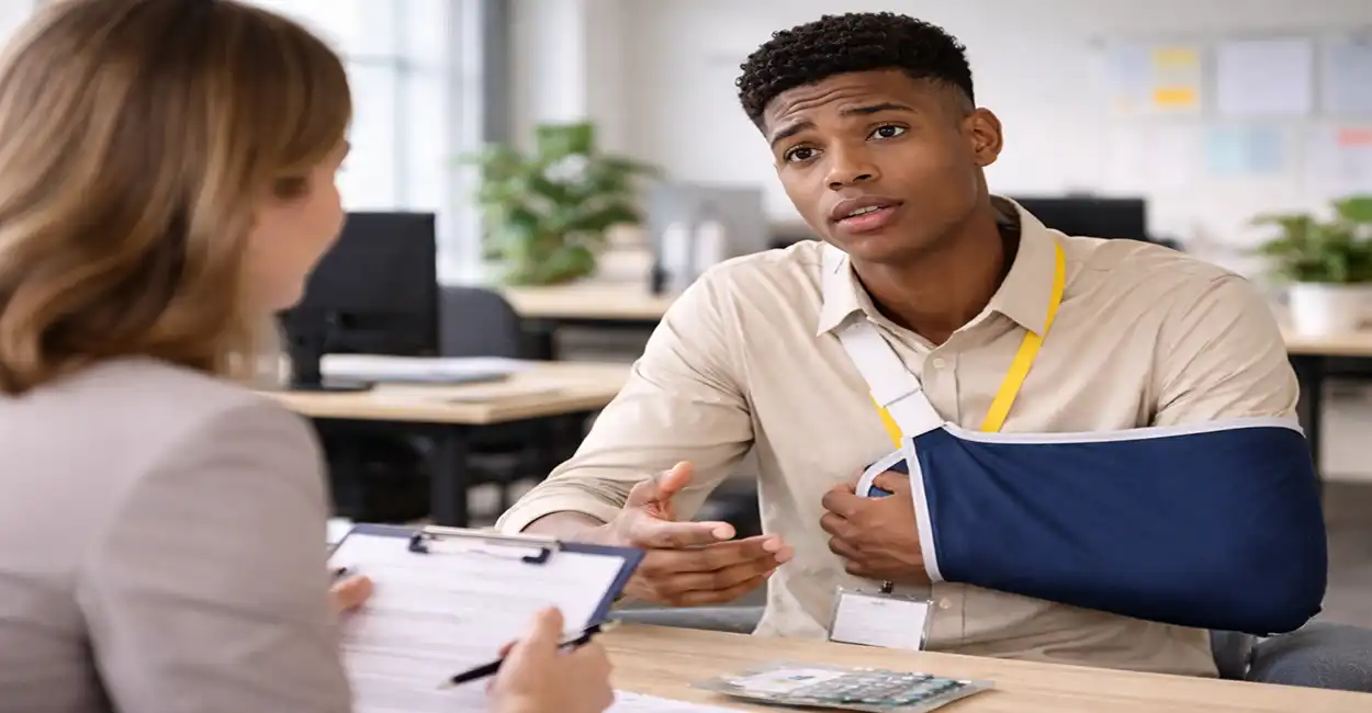 Jovem aprendiz com atadura no braço refletindo sobre acidente de trabalho e seus direitos