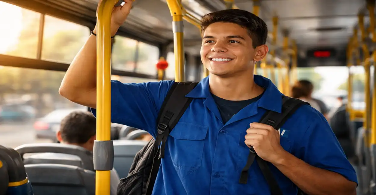 Jovem aprendiz utilizando transporte público para ir ao trabalho