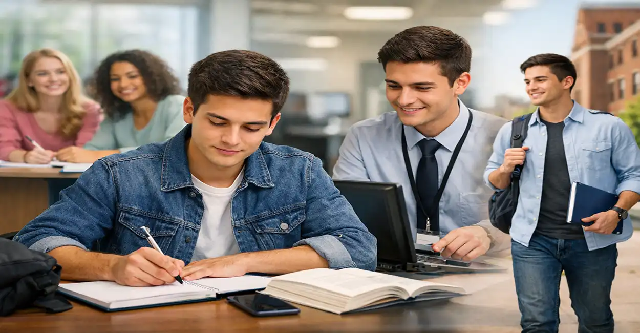 Jovem aprendiz universitário estudando e trabalhando ao mesmo tempo