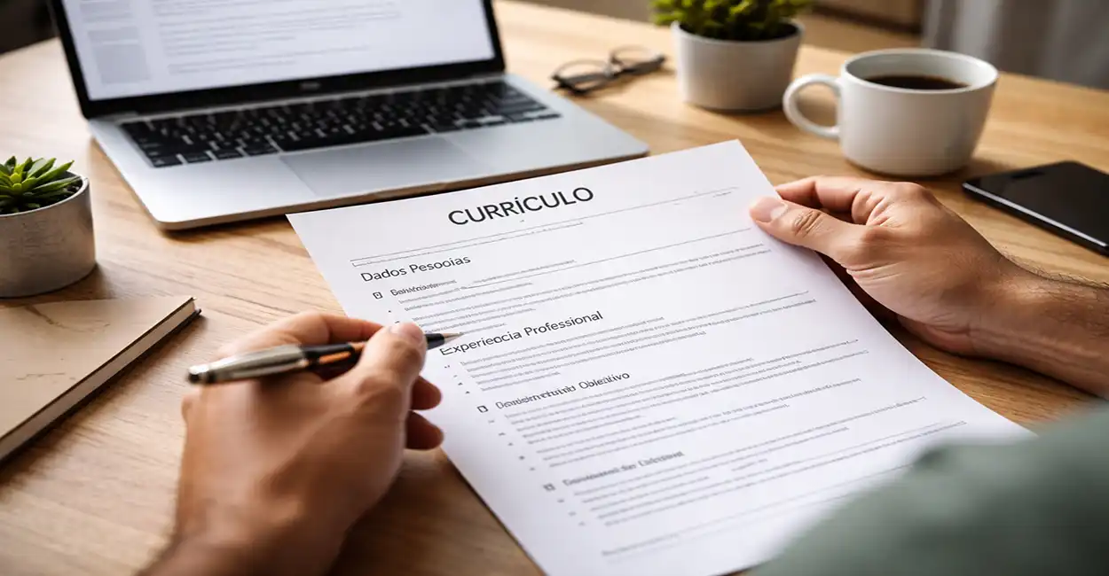 Pessoa analisando um currículo bem estruturado em uma mesa de escritório