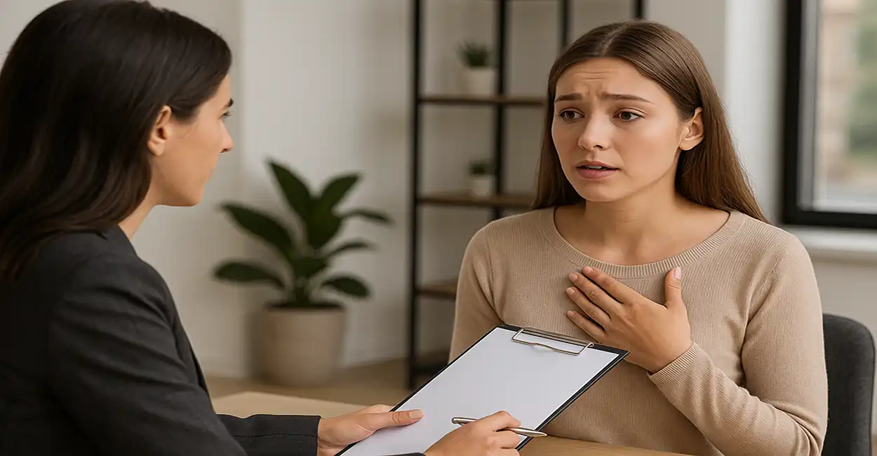 Mulher com a mão no peito, com o rosto triste falando de seus pontos fracos na entrevista