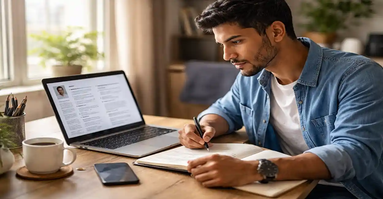 Pessoa criando currículo para trabalho remoto em um laptop