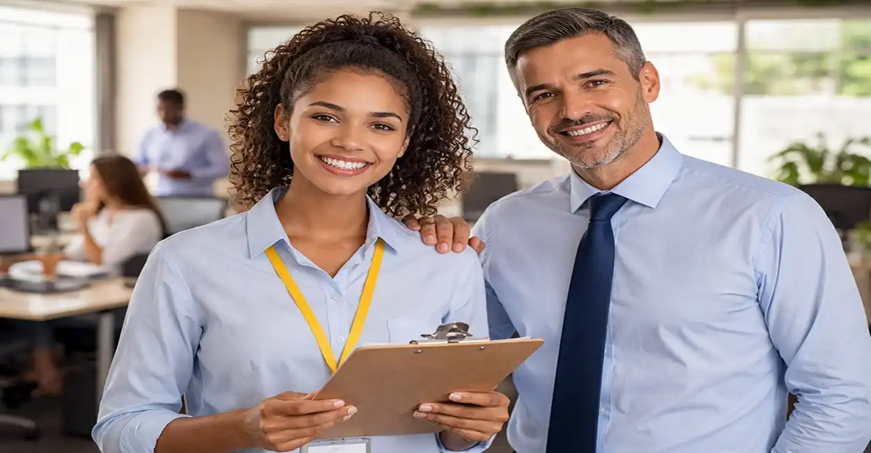 Jovem sorrindo em ambiente de trabalho com contrato na mão - Entenda se aprendiz tem estabilidade