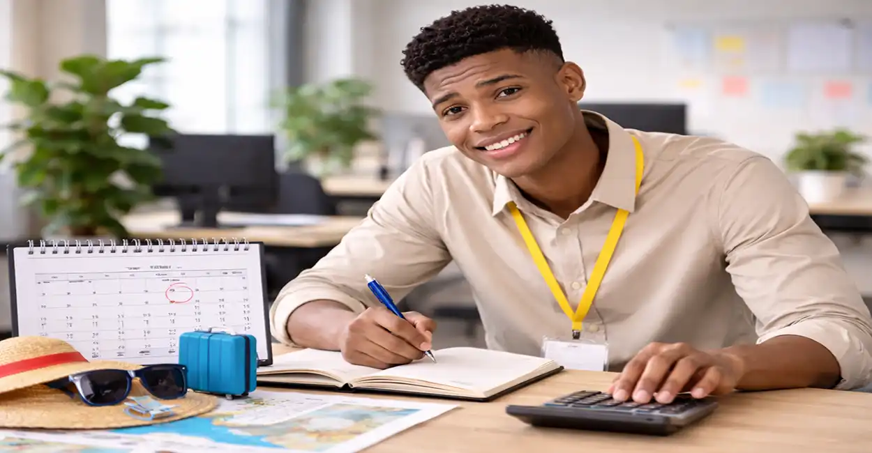 Jovem aprendiz calculando férias com calculadora e calendário