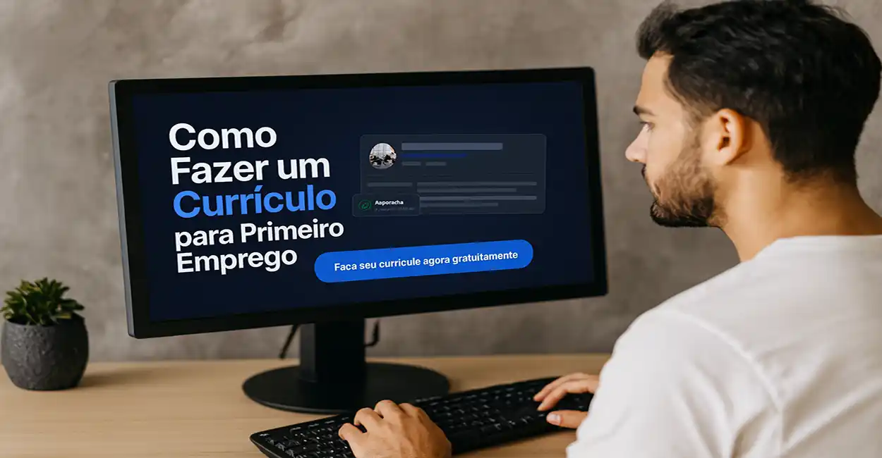Jovem sentado, usando um computador entrando no portal FazerCurriculoGrátis