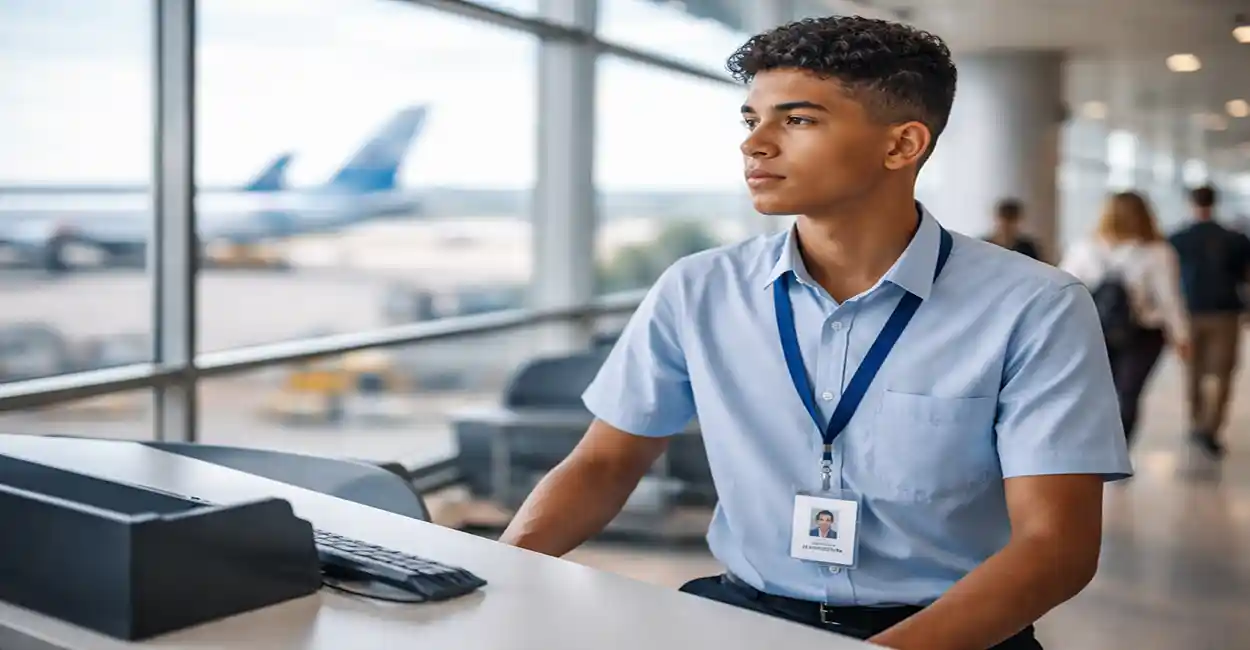 Jovem aprendiz uniformizado trabalhando no aeroporto