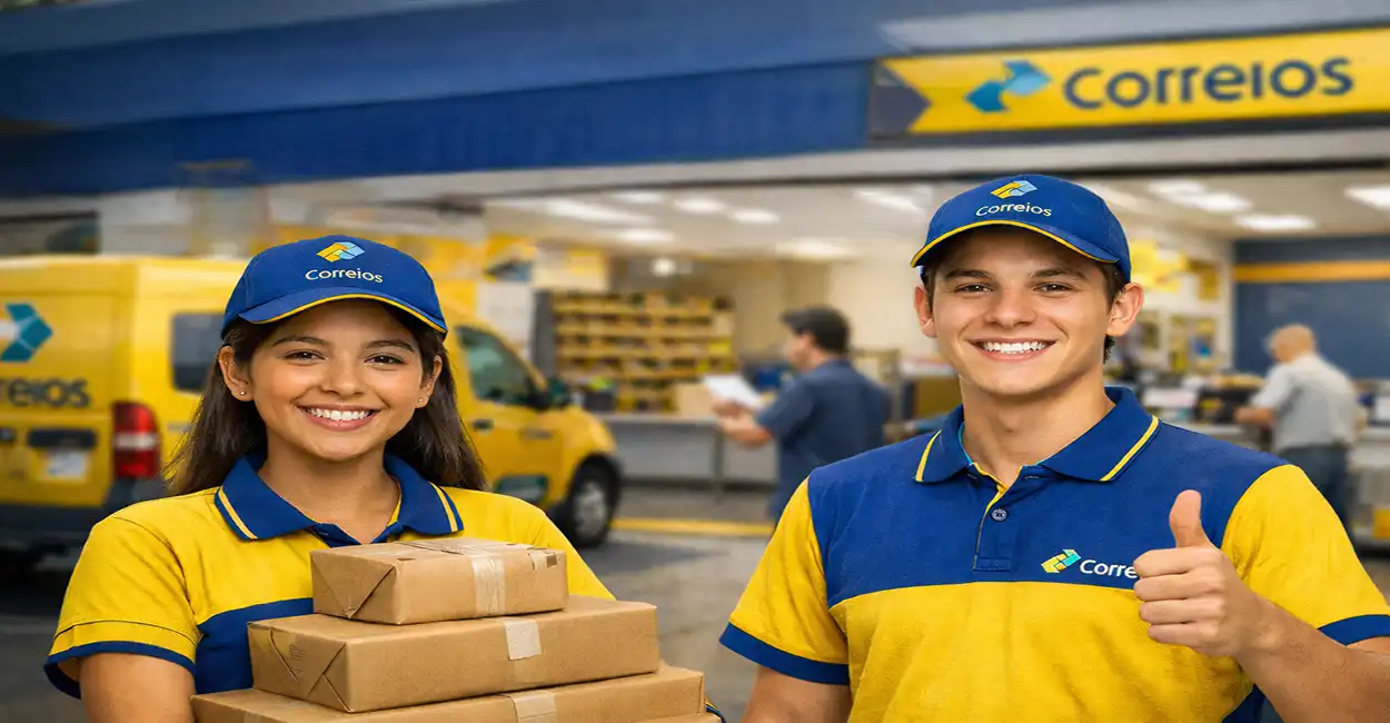 Jovem aprendiz uniformizado dos Correios em ambiente de trabalho