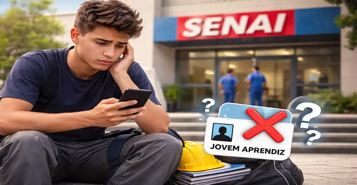 Jovem aprendiz no SENAI segurando caderno e refletindo sobre faltas no curso