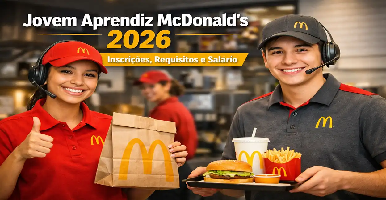 Jovem aprendiz atendendo no McDonald’s com uniforme e sorriso