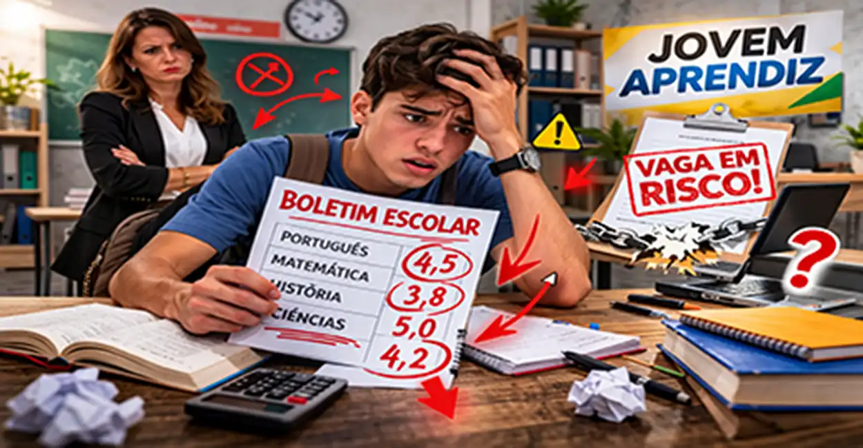 Jovem aprendiz estudando em casa com caderno e preocupado com as notas