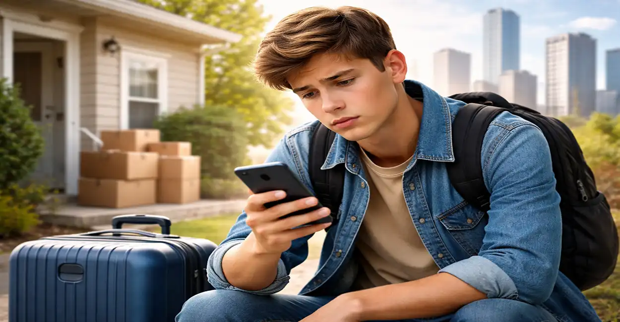Jovem aprendiz com malas refletindo sobre mudança de cidade e o contrato de trabalho