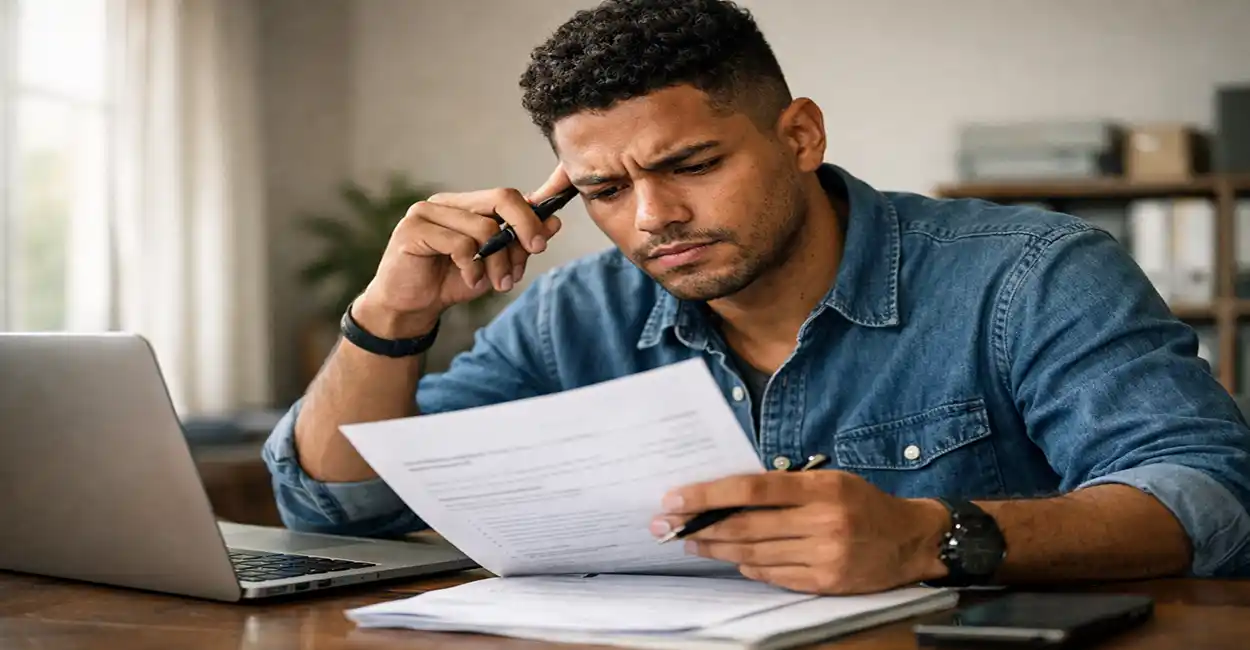 Recrutador analisando currículo com itens marcados em vermelho: o que não colocar