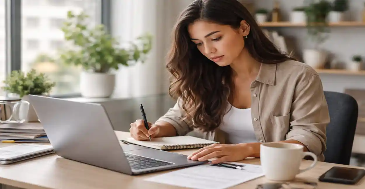 Pessoa escrevendo objetivo profissional em um caderno com notebook ao lado