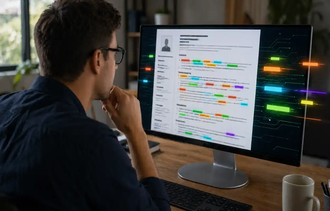 Sistema ATS analisando palavras-chave em um currículo em laptop