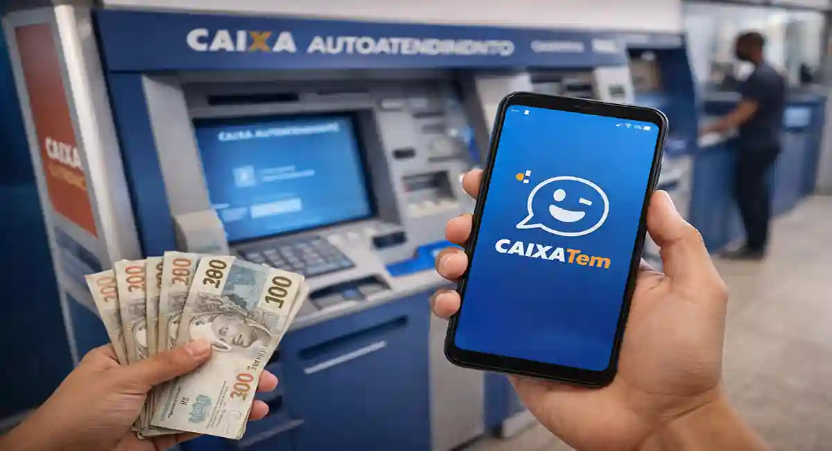 Celular com aplicativo Caixa Tem e dinheiro, representando saque do Pé-de-Meia