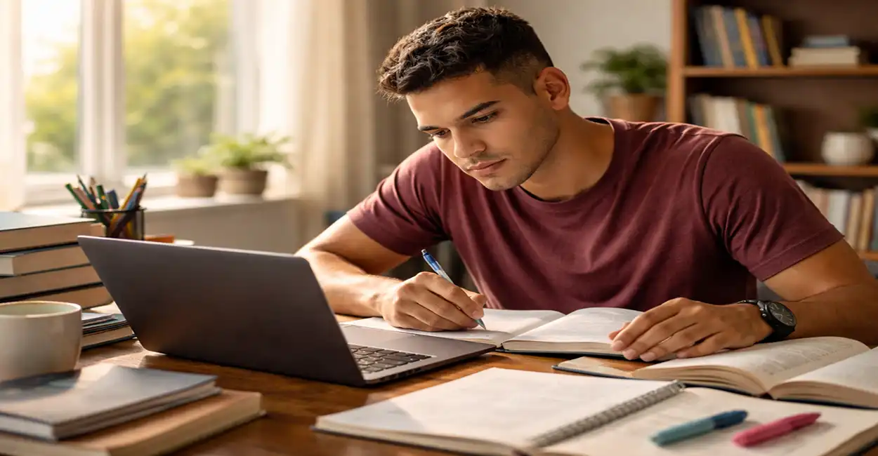 Jovem estudante estudando intensamente em mesa cheia de livros e anotações com notebook
