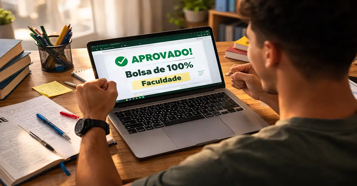 Estudante comemorando aprovação no Prouni com bolsa de estudos