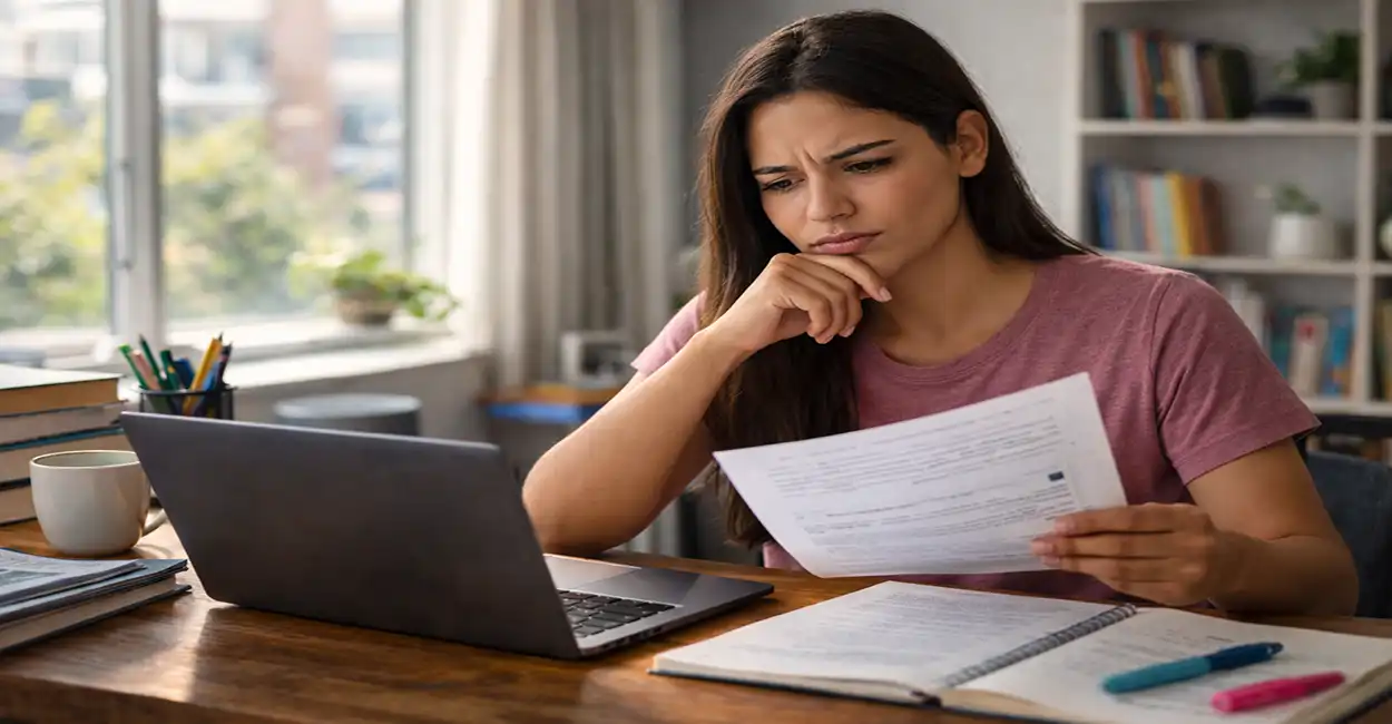 Jovem comparando duas folhas de papel com expressão de dúvida enquanto pesquisa no notebook