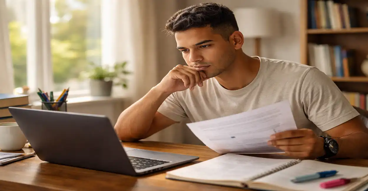 Jovem analisando documentos e preenchendo formulário do Prouni no notebook