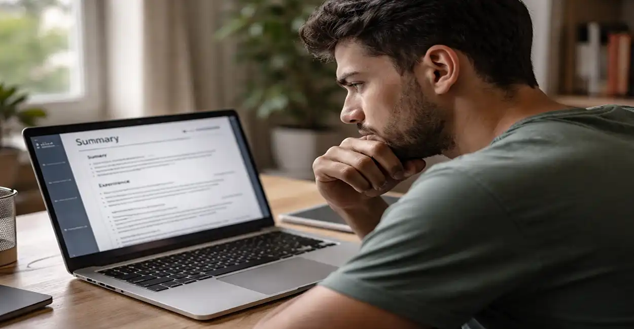 Pessoa preenchendo currículo em frente ao computador, refletindo sobre informações verdadeiras