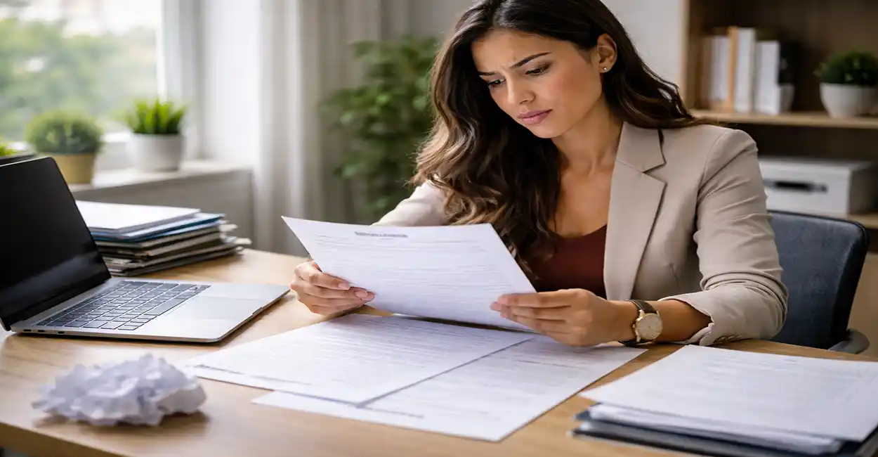 Recrutador segurando currículo com expressão de insatisfação