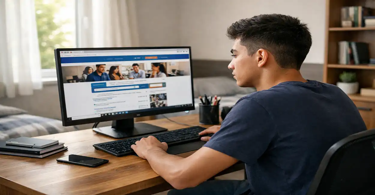Jovem aprendiz com mochila e caderno ao lado de um computador representando vagas online